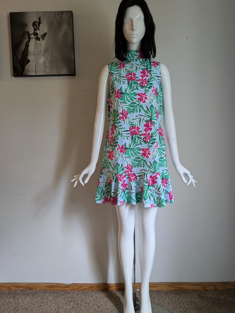 NWT GGOV Tropical Floral Mock Neck Sleeveless Ruffle Hem Dress Size 12